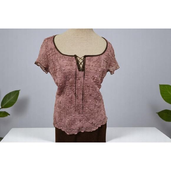 Dressbarn Pink Lace Peasant Top & Brown Midi Skirt Set XL Romantic Y2K Boho - Picture 5 of 14